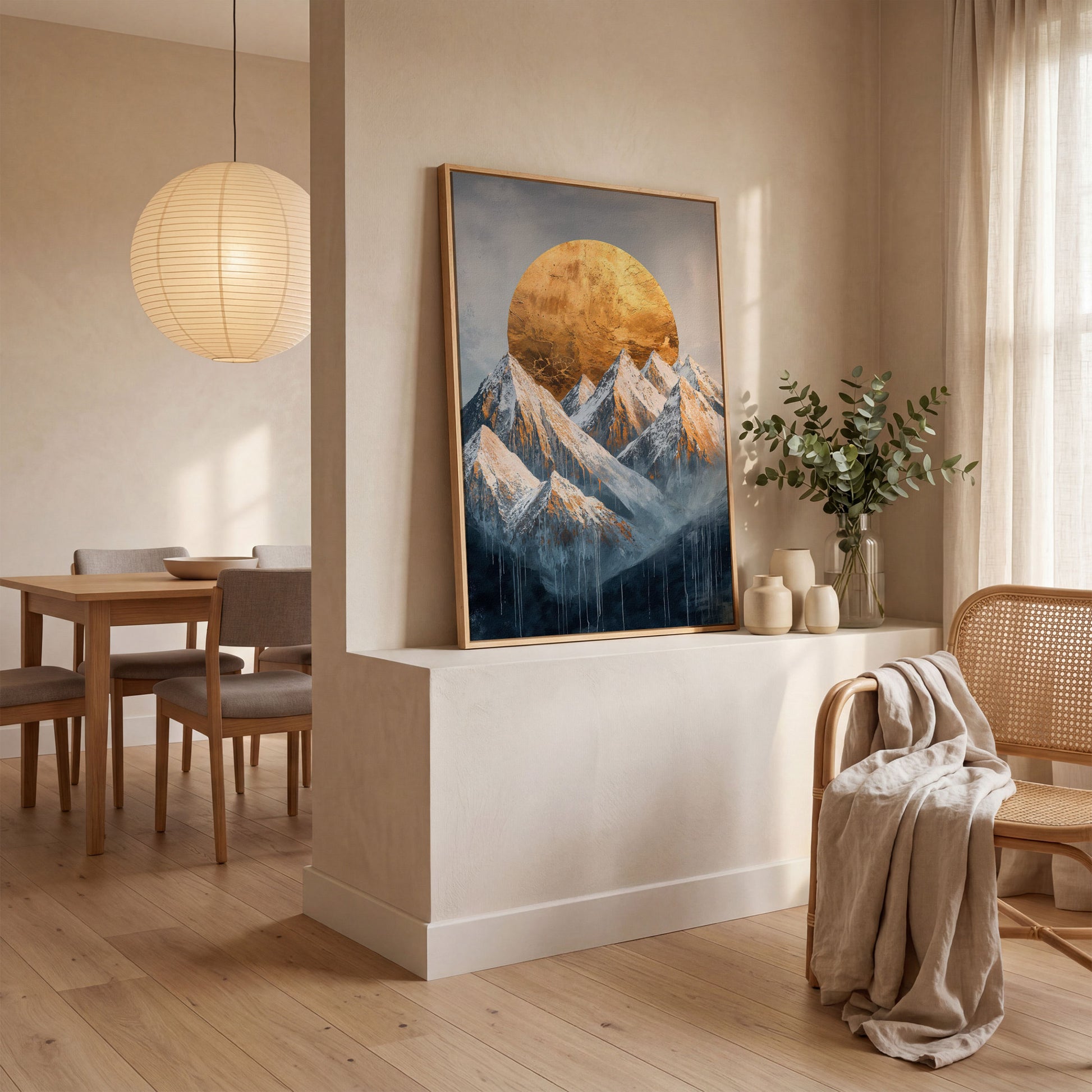 Snowy Mountains with Golden Sun Canvas Print in white oak floating frame