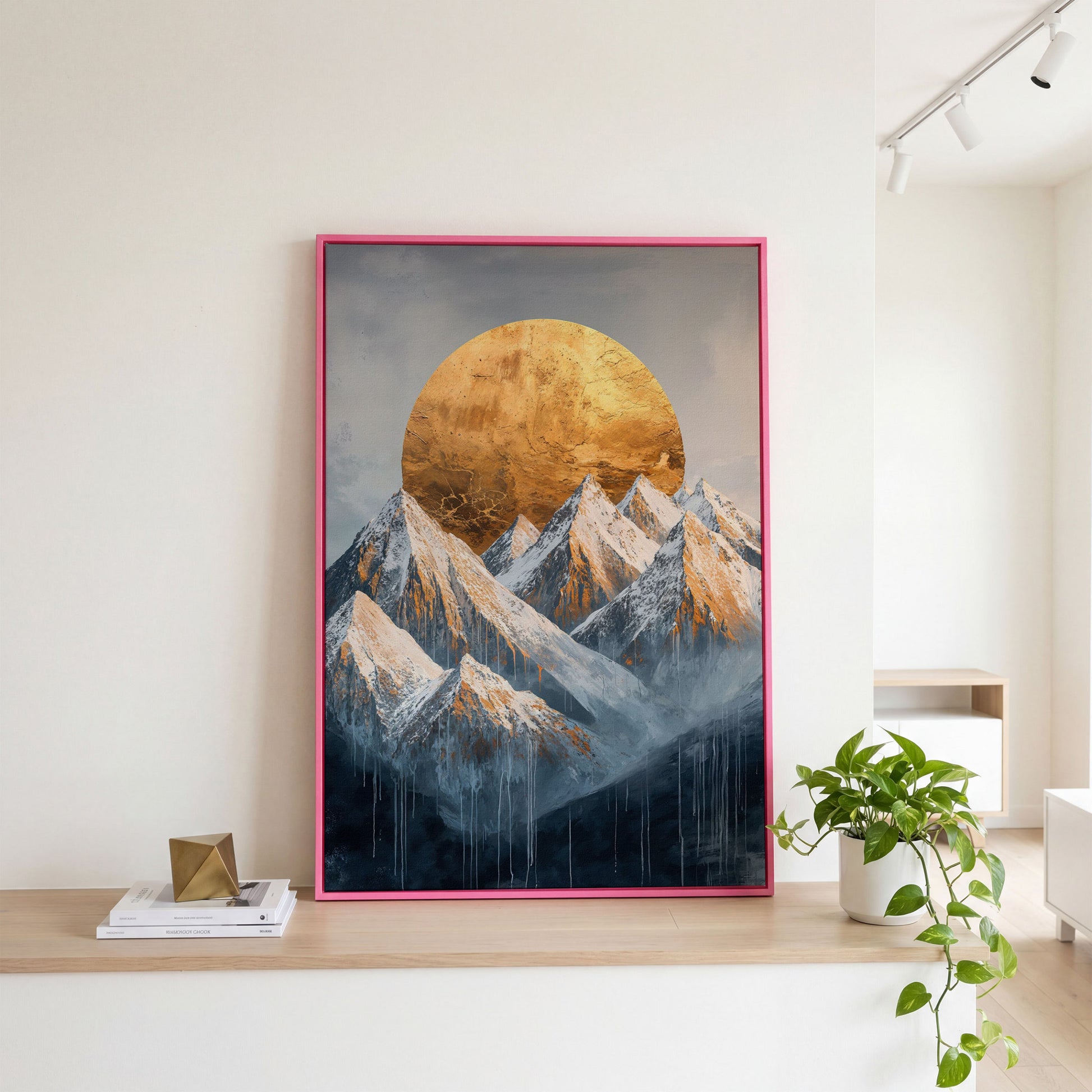 Snowy Mountains with Golden Sun Canvas Print in pink floating frame