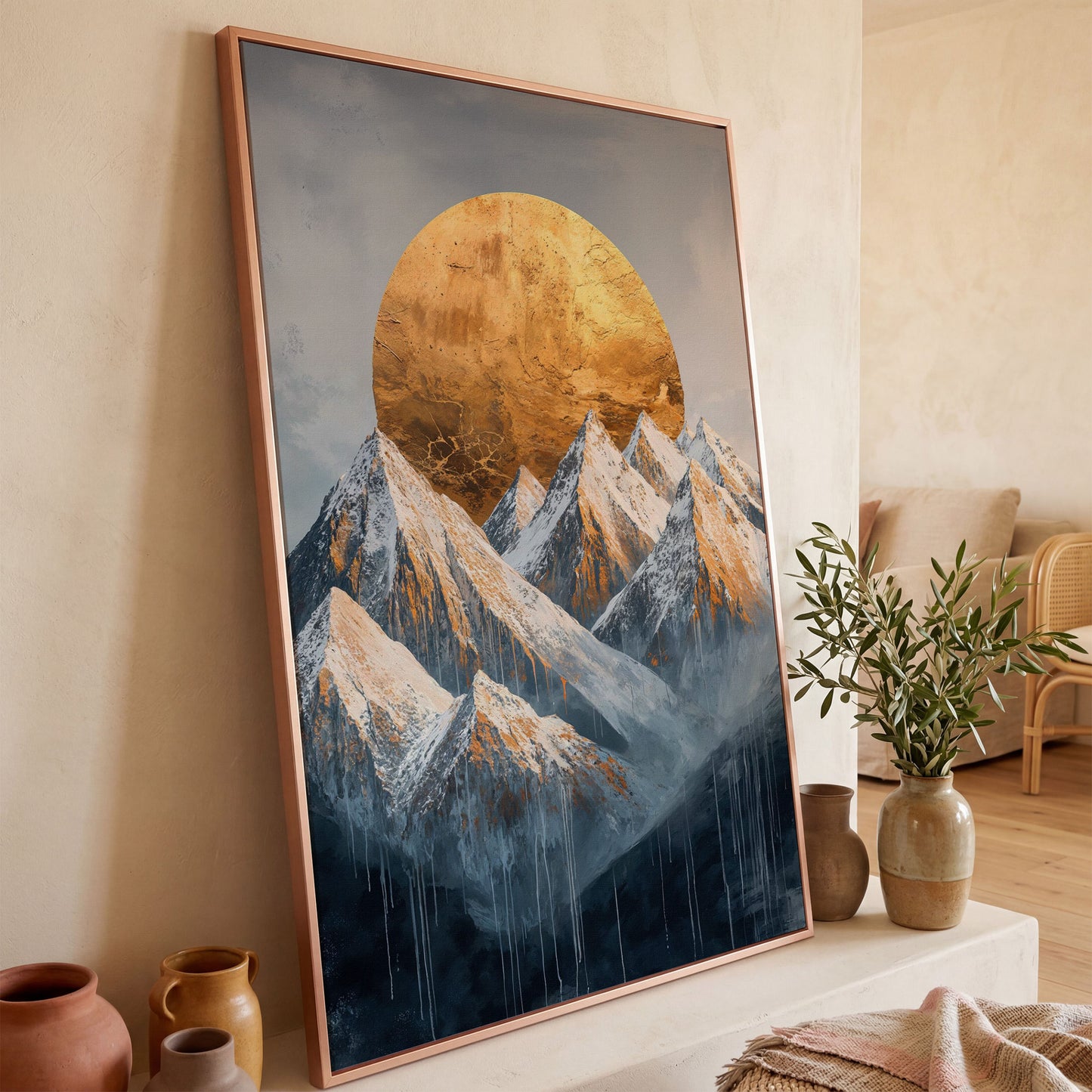 Snowy Mountains with Golden Sun Canvas Print in rose gold floating frame