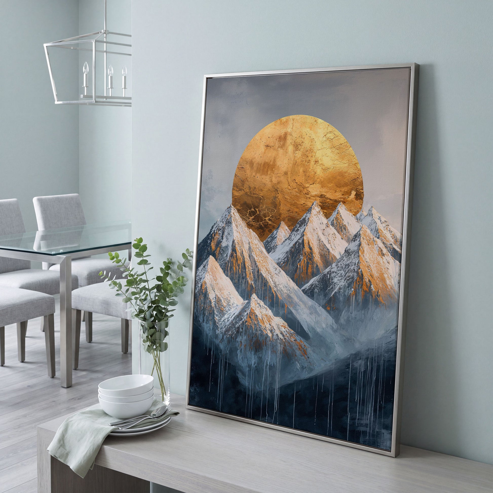 Snowy Mountains with Golden Sun Canvas Print in silver floating frame