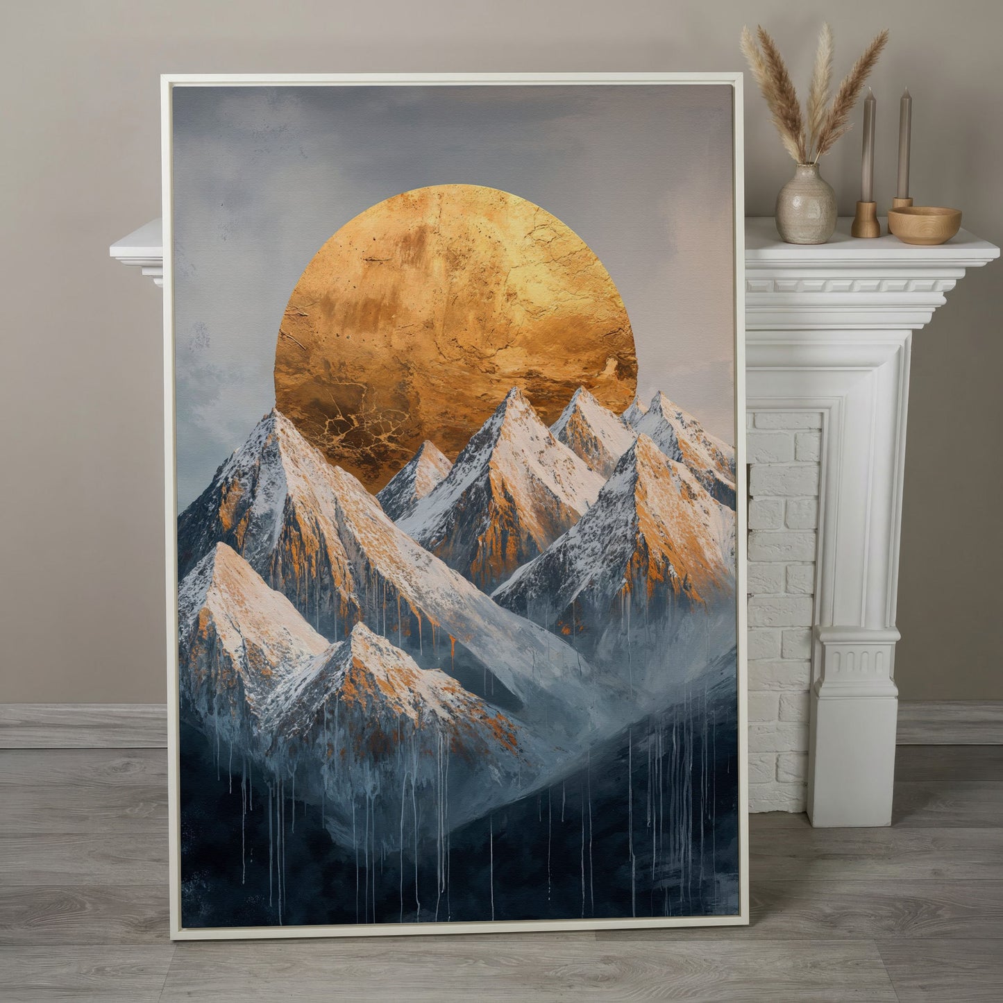 Snowy Mountains with Golden Sun Canvas Print in white floating frame