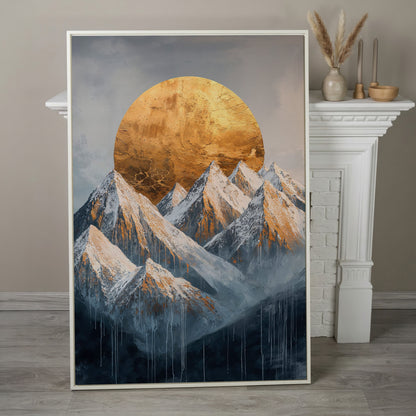 Snowy Mountains with Golden Sun Canvas Print in white floating frame