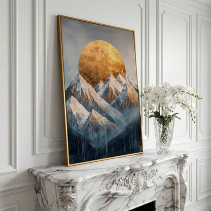 Snowy Mountains with Golden Sun Canvas Print in yellow gold floating frame