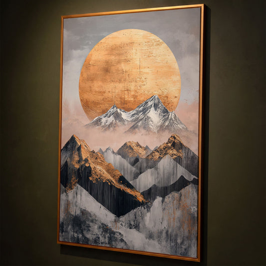 Abstract Sun and Mountains Canvas Print in Gray and Gold shown in antique gold floating frame