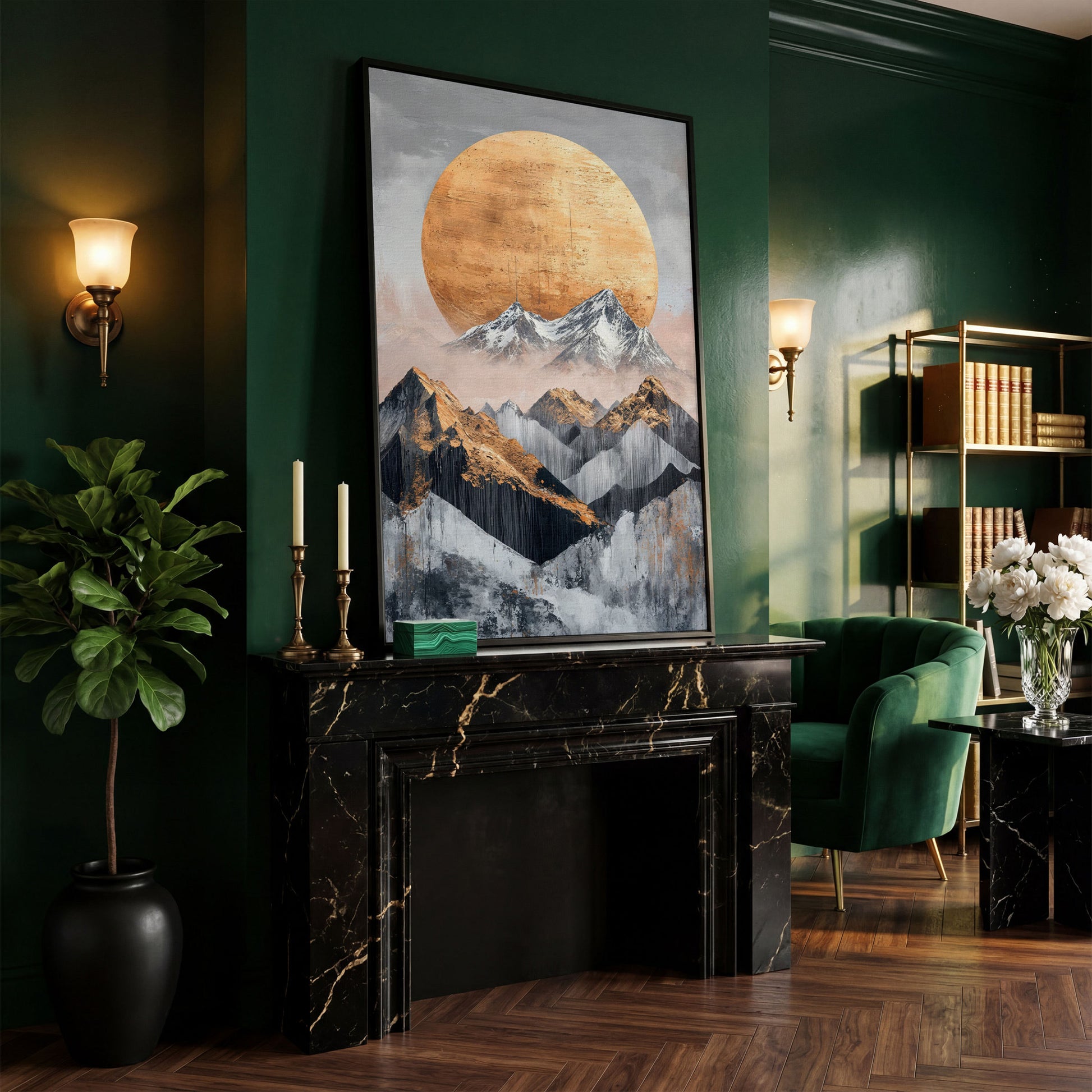 Abstract Sun and Mountains Canvas Print in Gray and Gold in black floating frame
