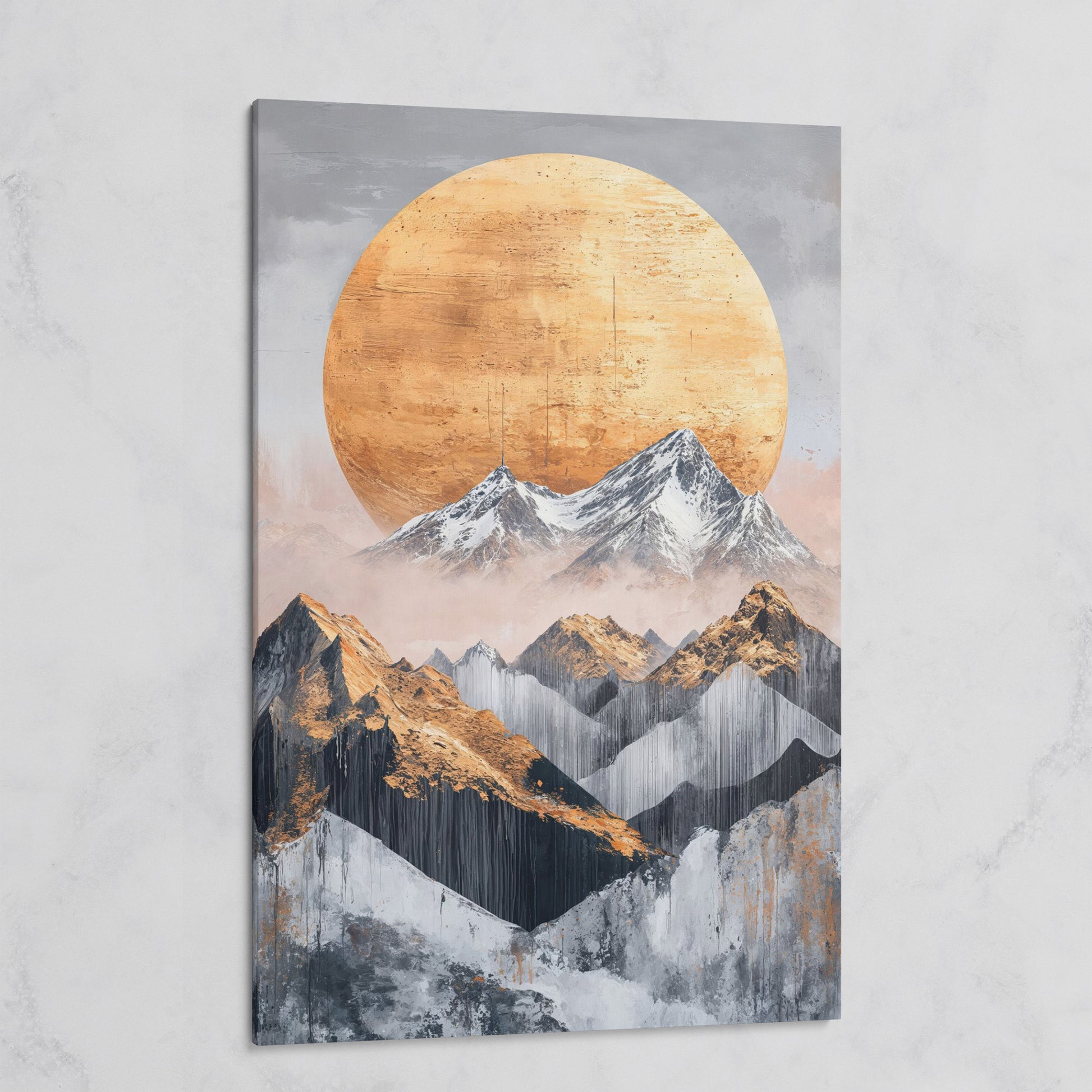Abstract Sun and Mountains Canvas Print in Gray and Gold on gallery wrap