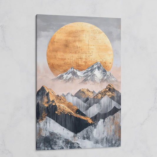 Abstract Sun and Mountains Canvas Print in Gray and Gold on gallery wrap