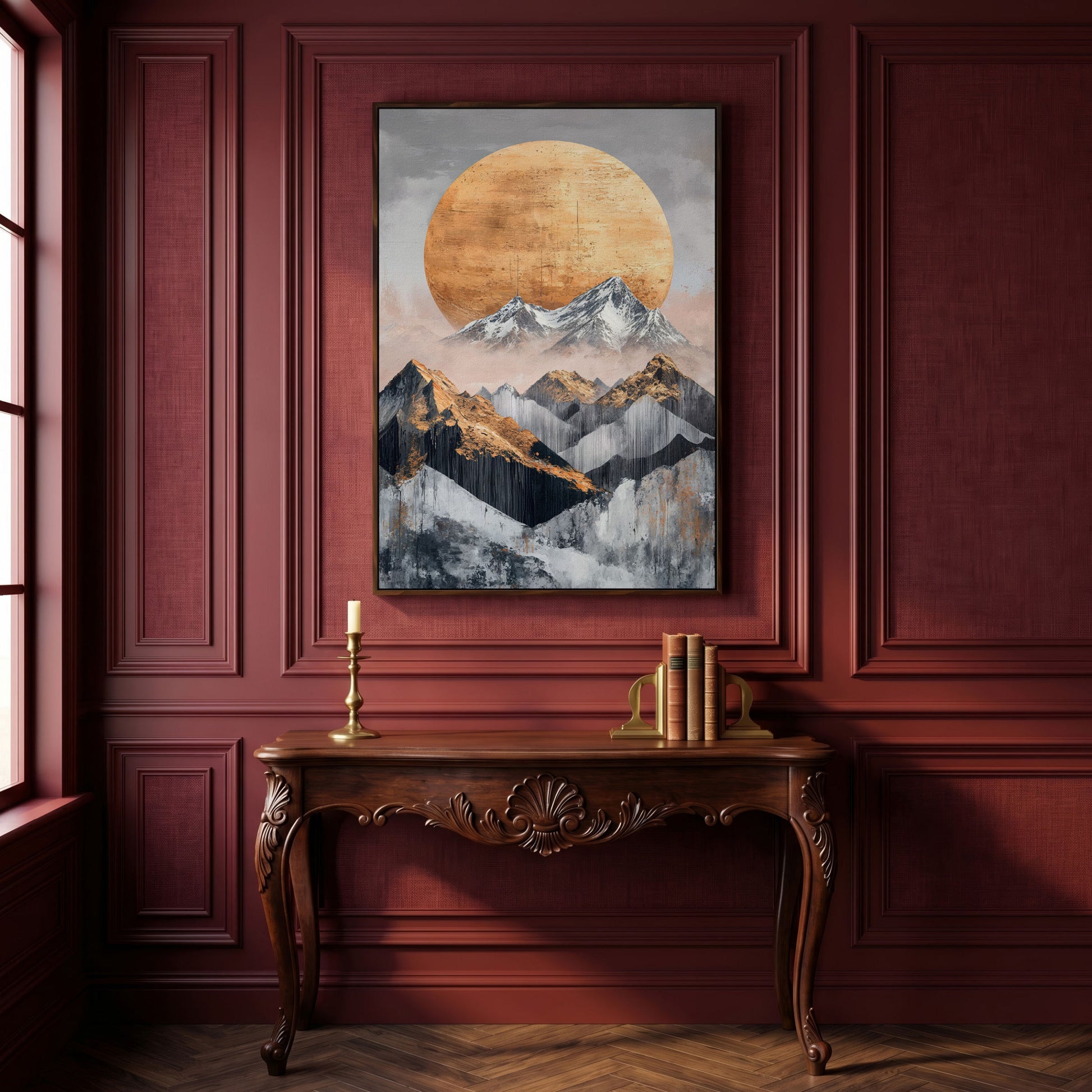 Abstract Sun and Mountains Canvas Print in Gray and Gold in dark walnut floating frame