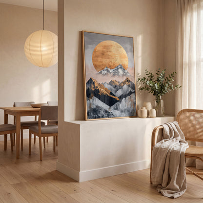 Abstract Sun and Mountains Canvas Print in Gray and Gold in white oak floating frame