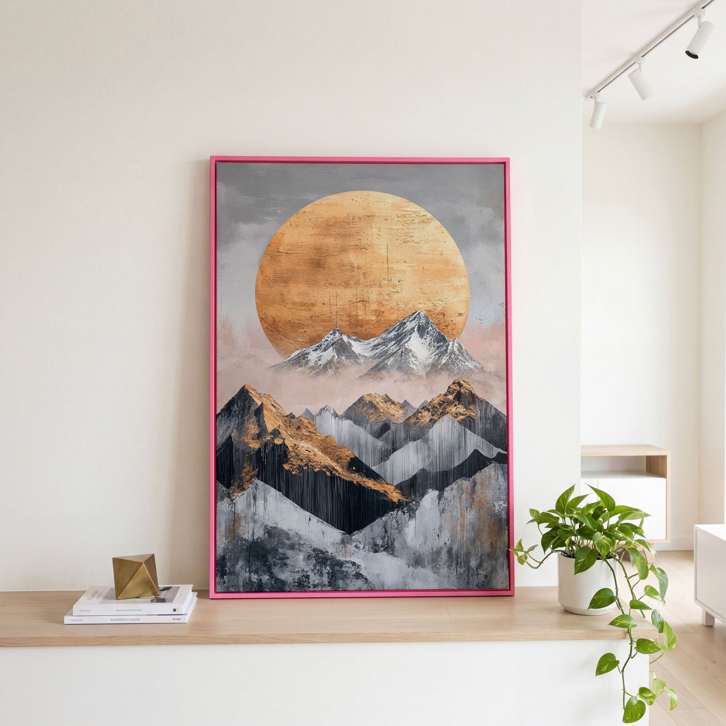 Abstract Sun and Mountains Canvas Print in Gray and Gold in pink floating frame