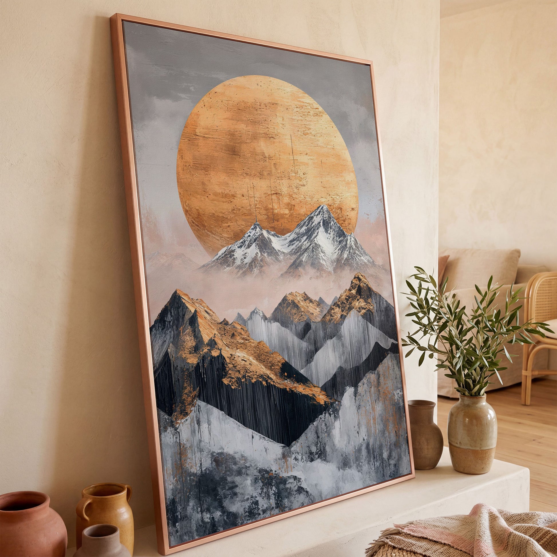 Abstract Sun and Mountains Canvas Print in Gray and Gold in rose gold floating frame
