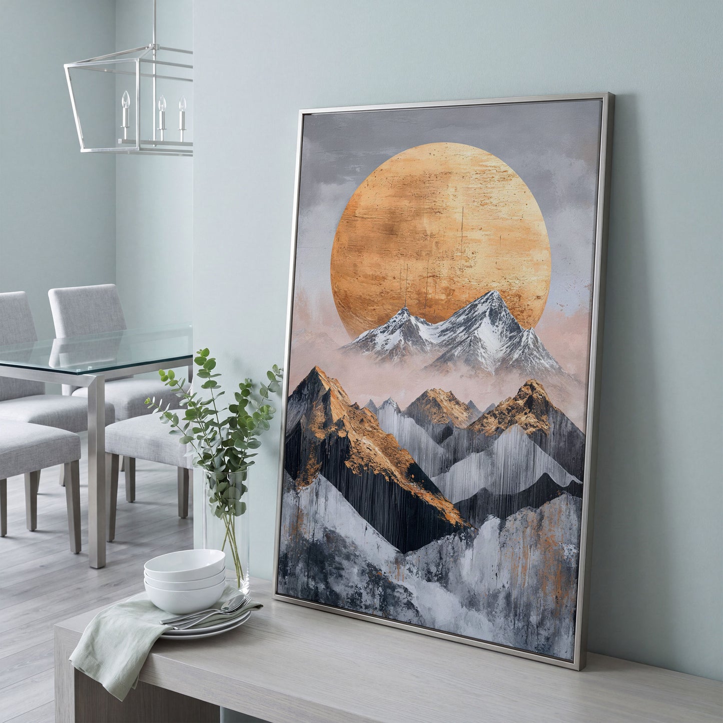 Abstract Sun and Mountains Canvas Print in Gray and Gold in silver floating frame