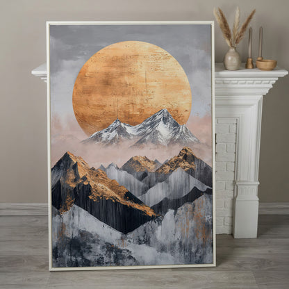 Abstract Sun and Mountains Canvas Print in Gray and Gold in white floating frame