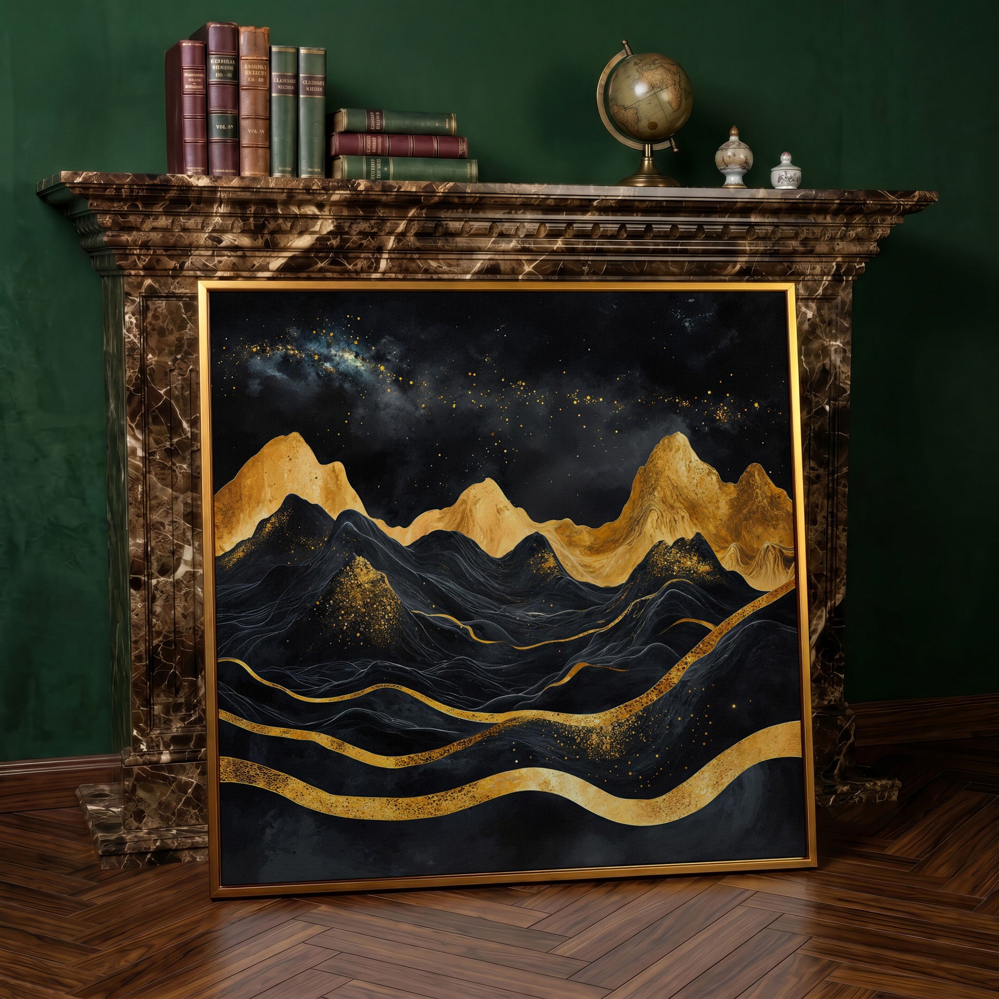 Black and Gold Mountains, Starry Night Canvas in antique gold floating frame