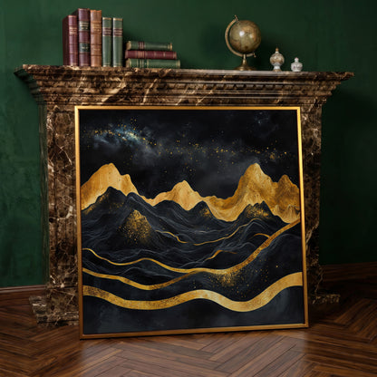 Black and Gold Mountains, Starry Night Canvas in antique gold floating frame