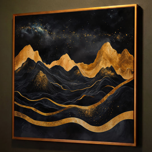 Black and Gold Mountains, Starry Night Canvas shown in antique gold floating frame