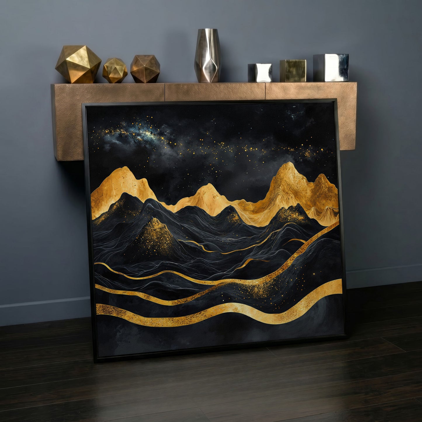 Black and Gold Mountains, Starry Night Canvas in black floating frame