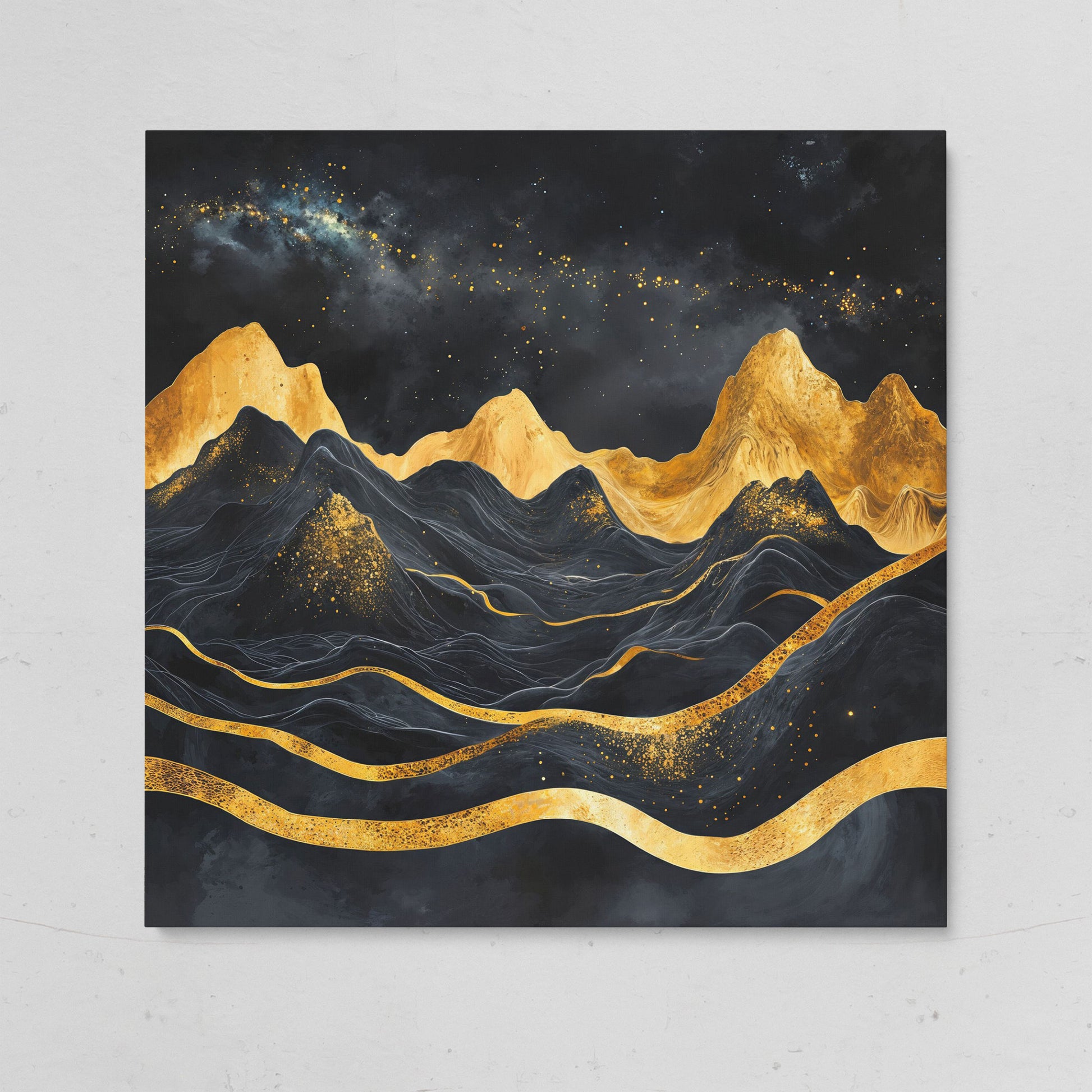 Black and Gold Mountains, Starry Night Canvas on gallery wrap