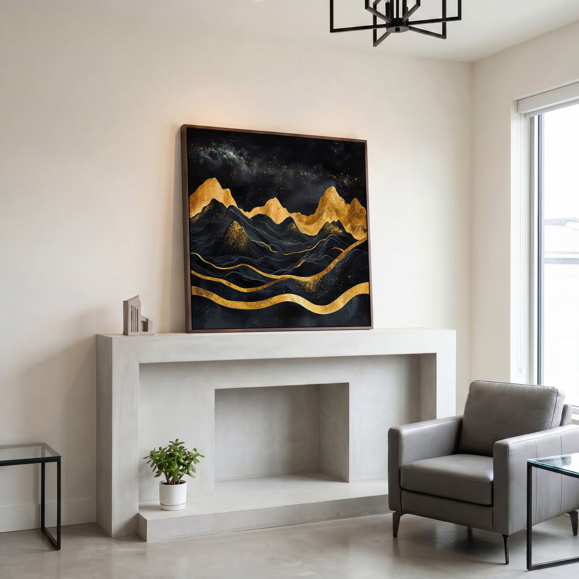 Black and Gold Mountains, Starry Night Canvas in dark walnut floating frame