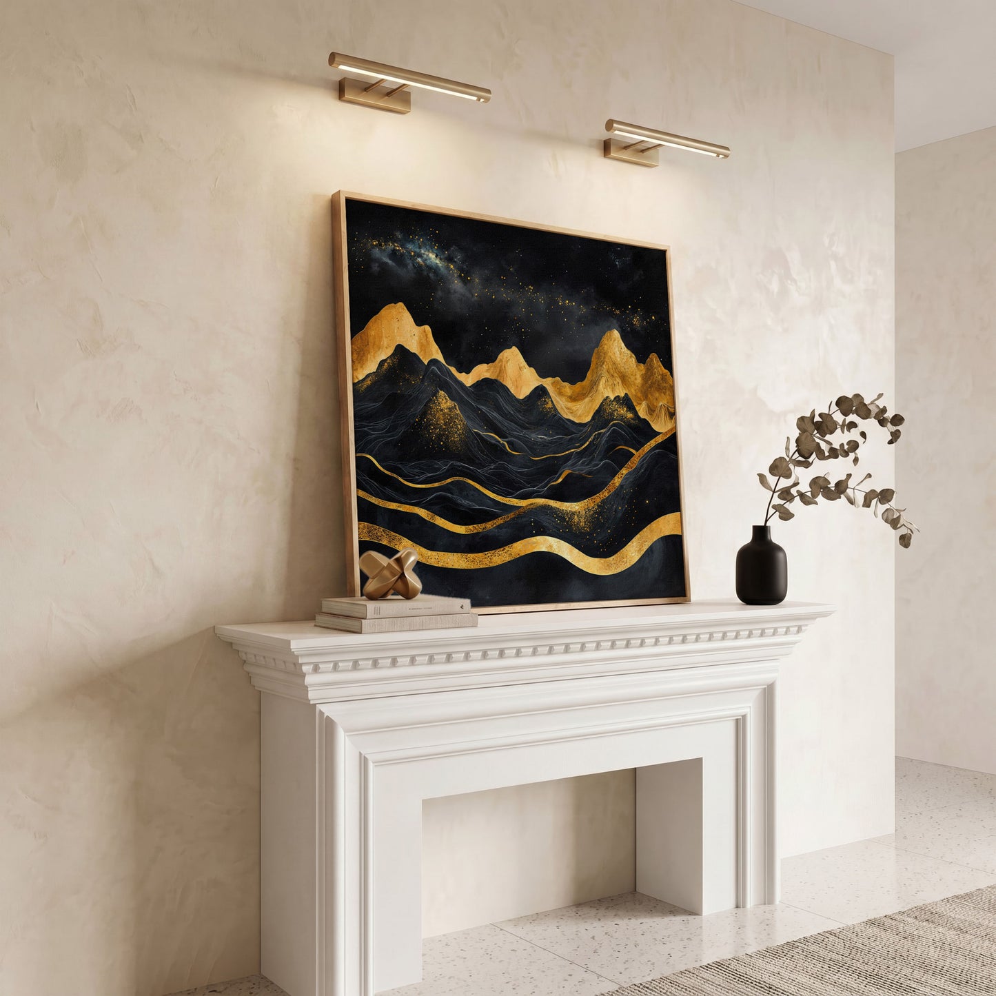 Black and Gold Mountains, Starry Night Canvas in white oak floating frame