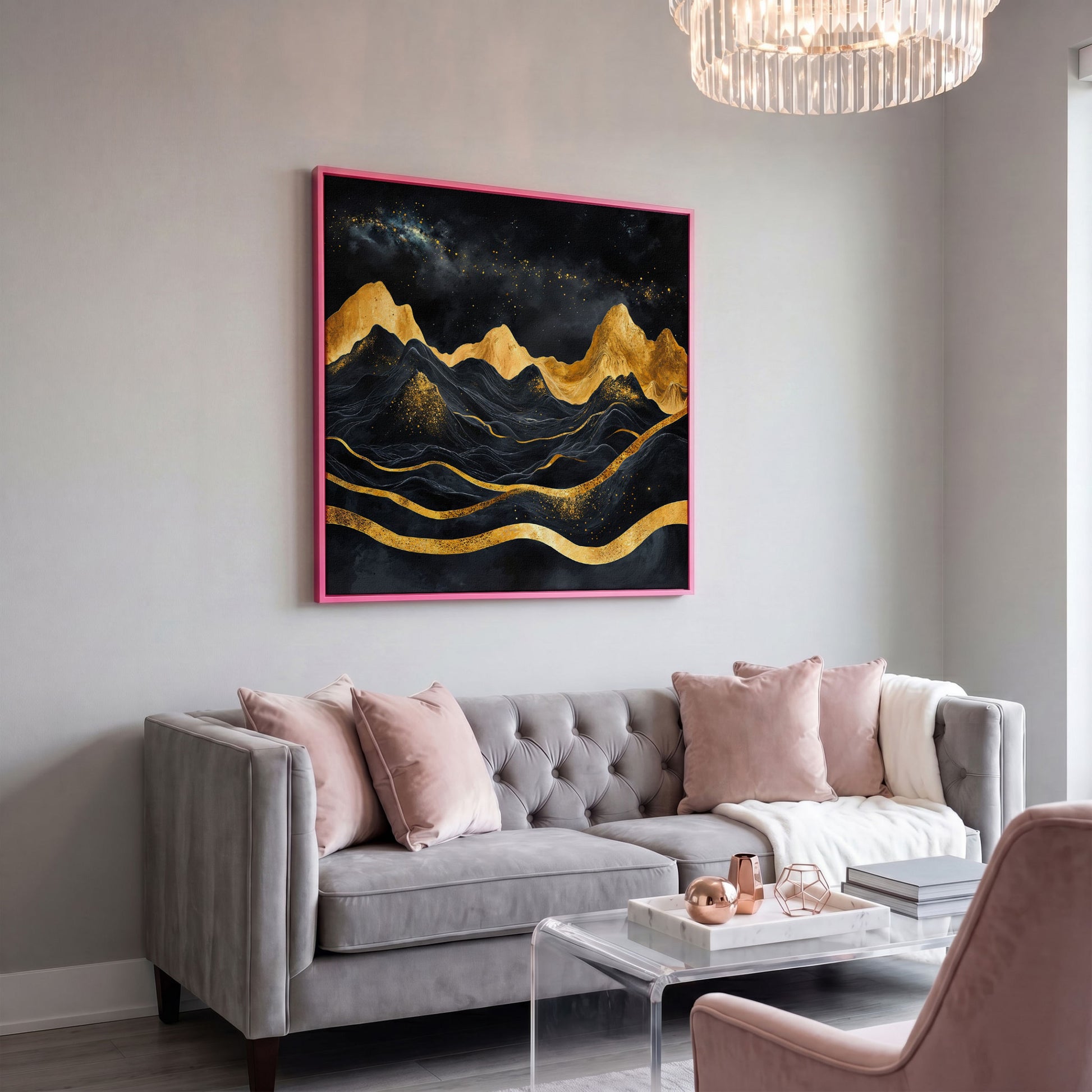 Black and Gold Mountains, Starry Night Canvas in pink floating frame