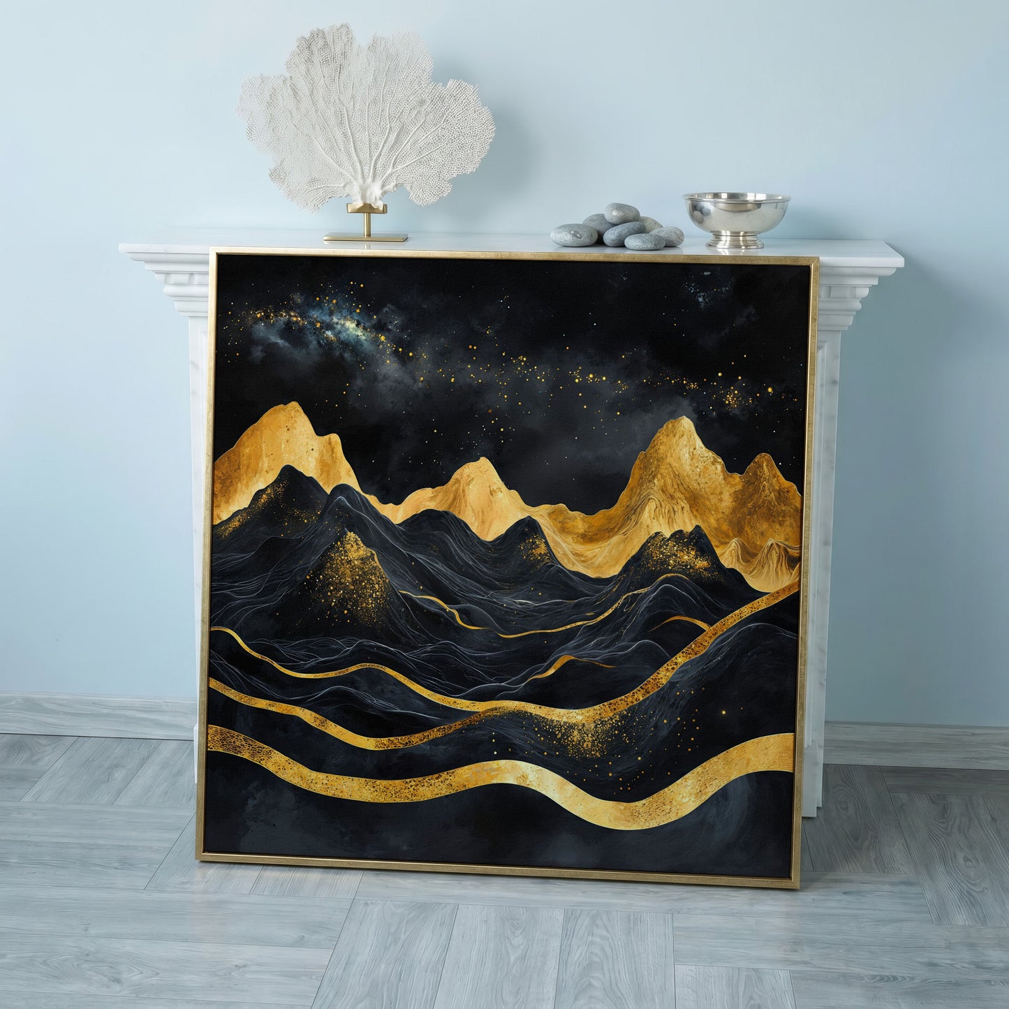 Black and Gold Mountains, Starry Night Canvas in rose gold floating frame