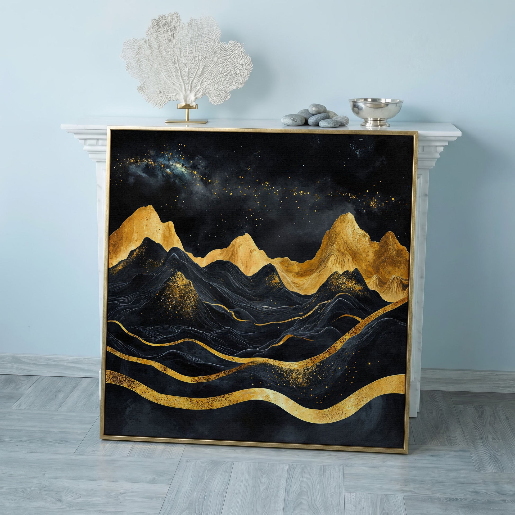 Black and Gold Mountains, Starry Night Canvas in rose gold floating frame