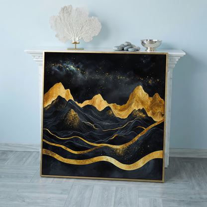 Black and Gold Mountains, Starry Night Canvas in rose gold floating frame