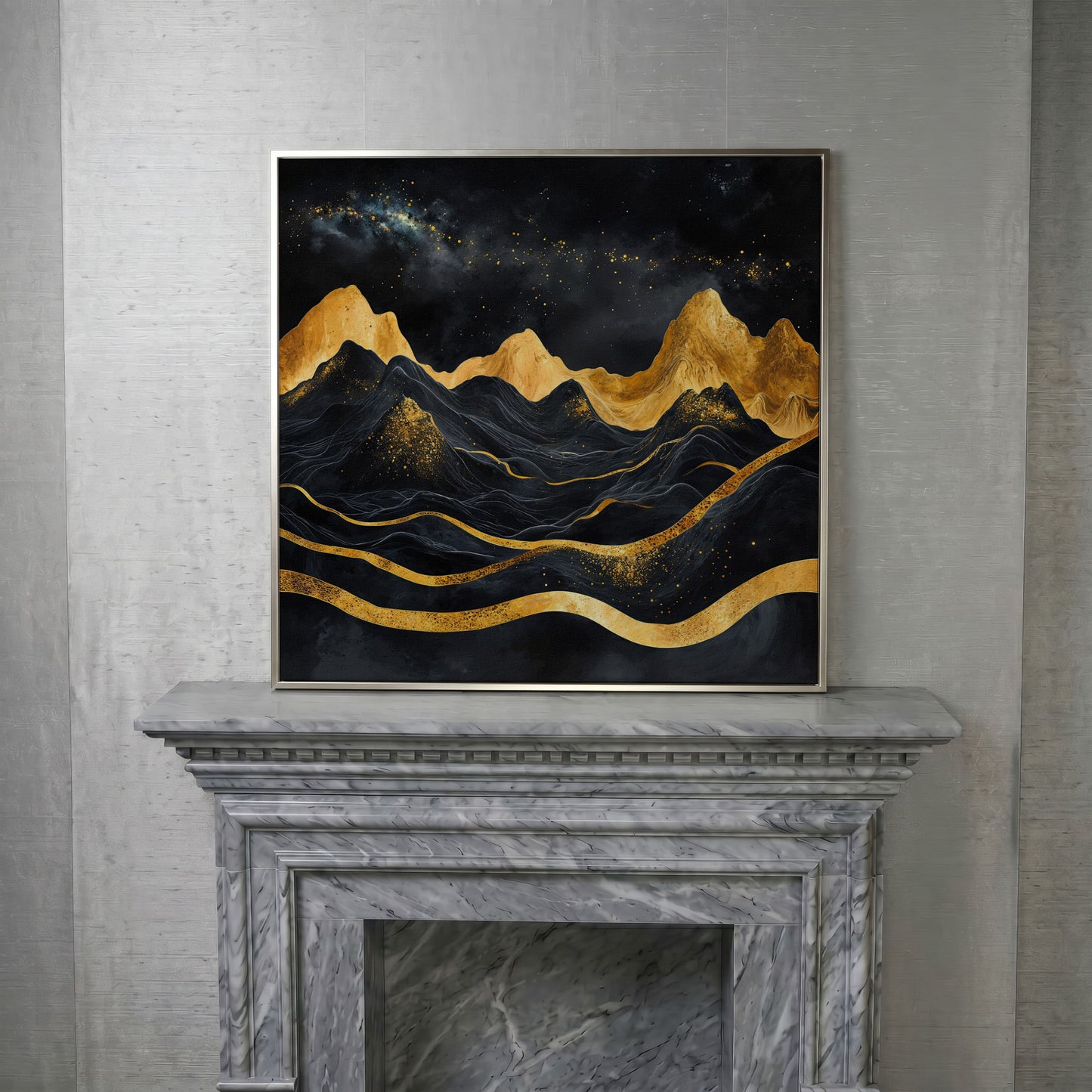 Black and Gold Mountains, Starry Night Canvas in silver floating frame