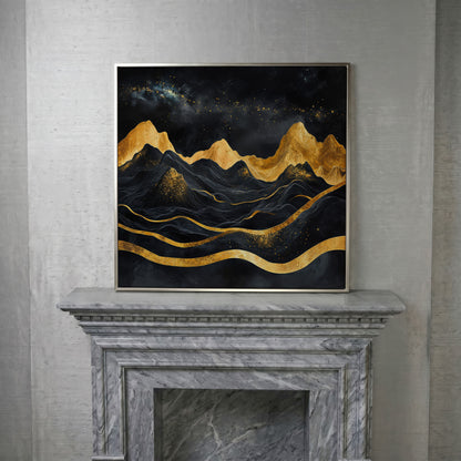Black and Gold Mountains, Starry Night Canvas in silver floating frame