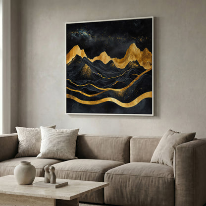 Black and Gold Mountains, Starry Night Canvas in white floating frame