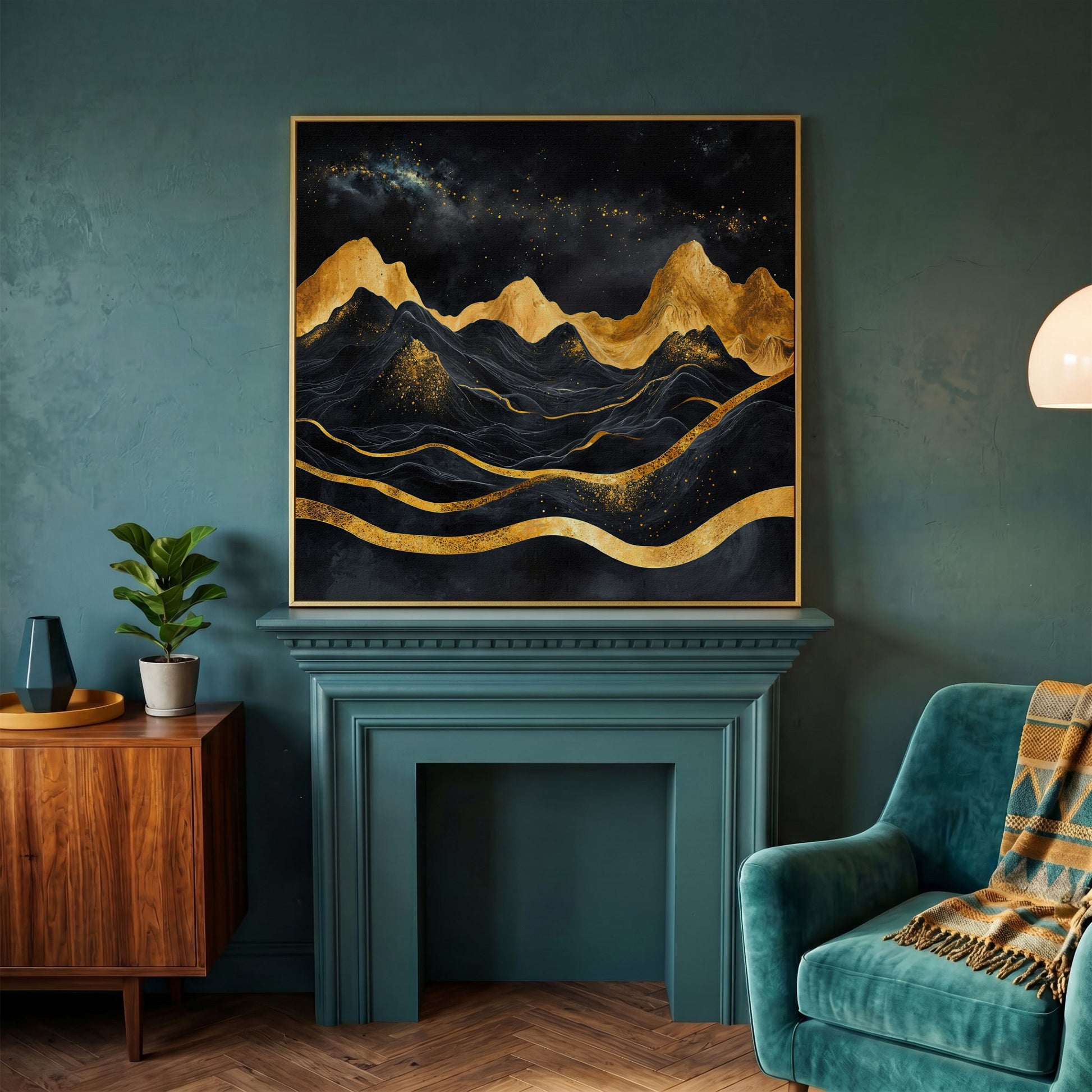 Black and Gold Mountains, Starry Night Canvas in yellow gold floating frame