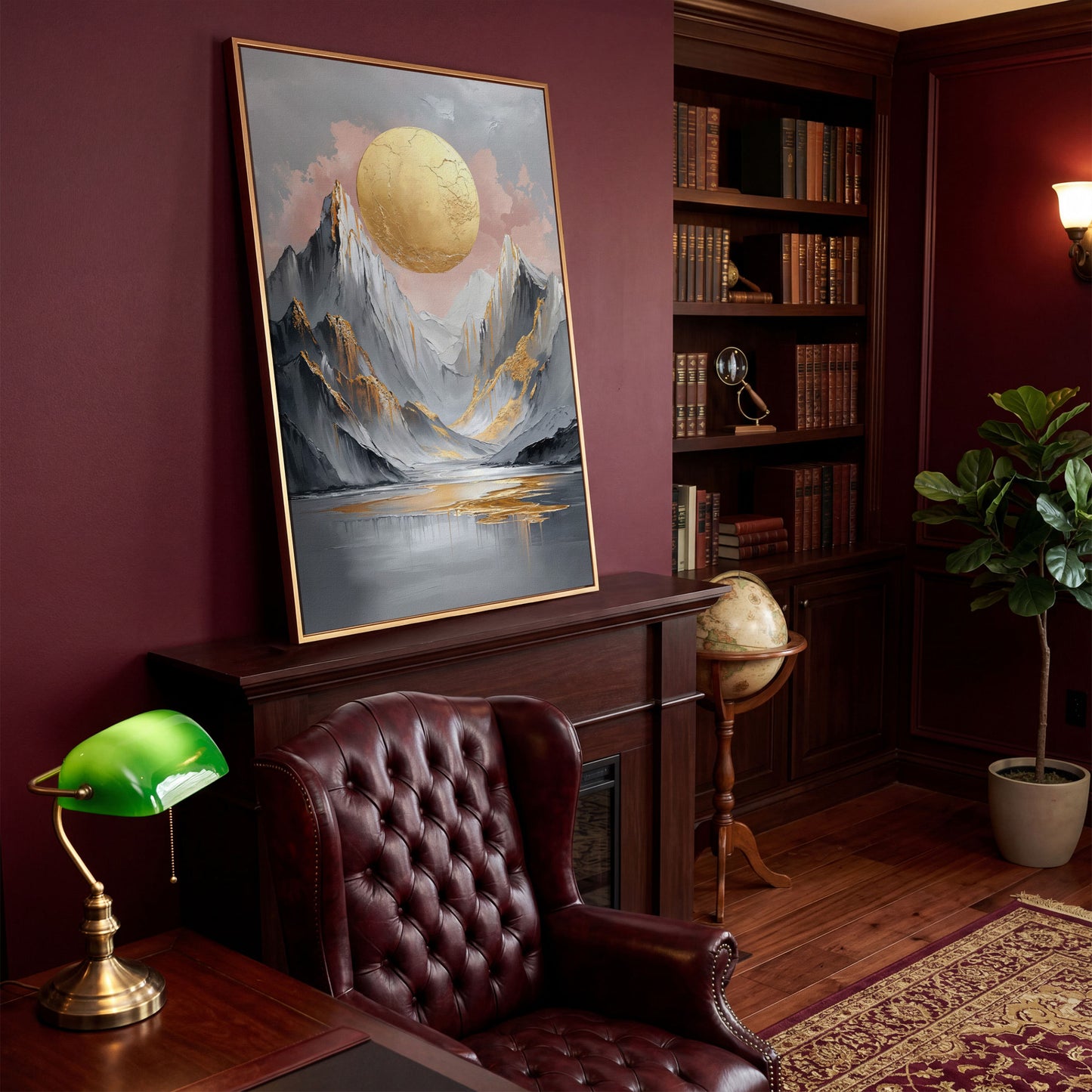 Golden Sun and Mountain Peaks Abstract Canvas in antique gold floating frame