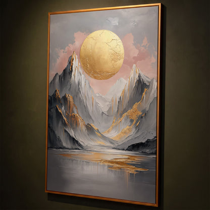 Golden Sun and Mountain Peaks Abstract Canvas shown in antique gold floating frame
