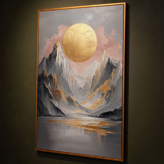 Golden Sun and Mountain Peaks Abstract Canvas shown in antique gold floating frame