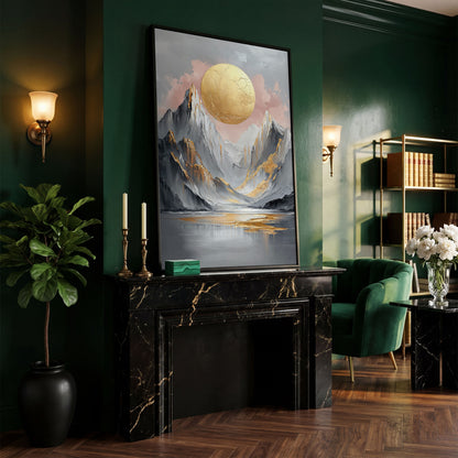 Golden Sun and Mountain Peaks Abstract Canvas in black floating frame