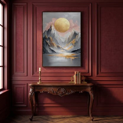 Golden Sun and Mountain Peaks Abstract Canvas in dark walnut floating frame
