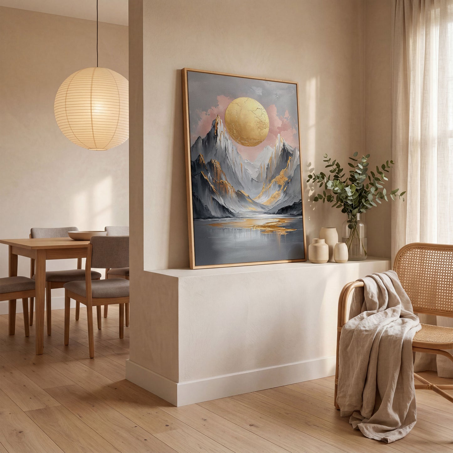 Golden Sun and Mountain Peaks Abstract Canvas in white oak floating frame