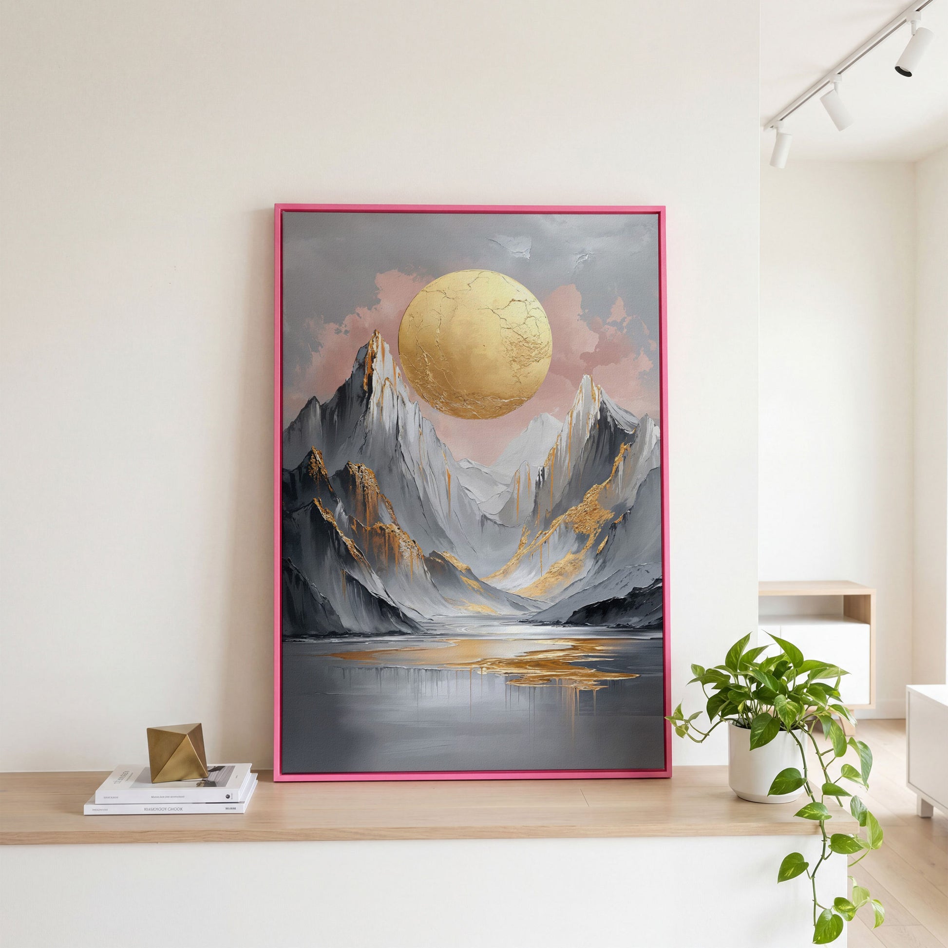 Golden Sun and Mountain Peaks Abstract Canvas in pink floating frame
