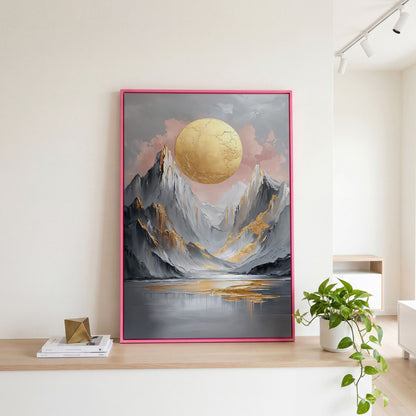 Golden Sun and Mountain Peaks Abstract Canvas in pink floating frame
