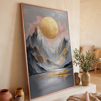 Golden Sun and Mountain Peaks Abstract Canvas in rose gold floating frame