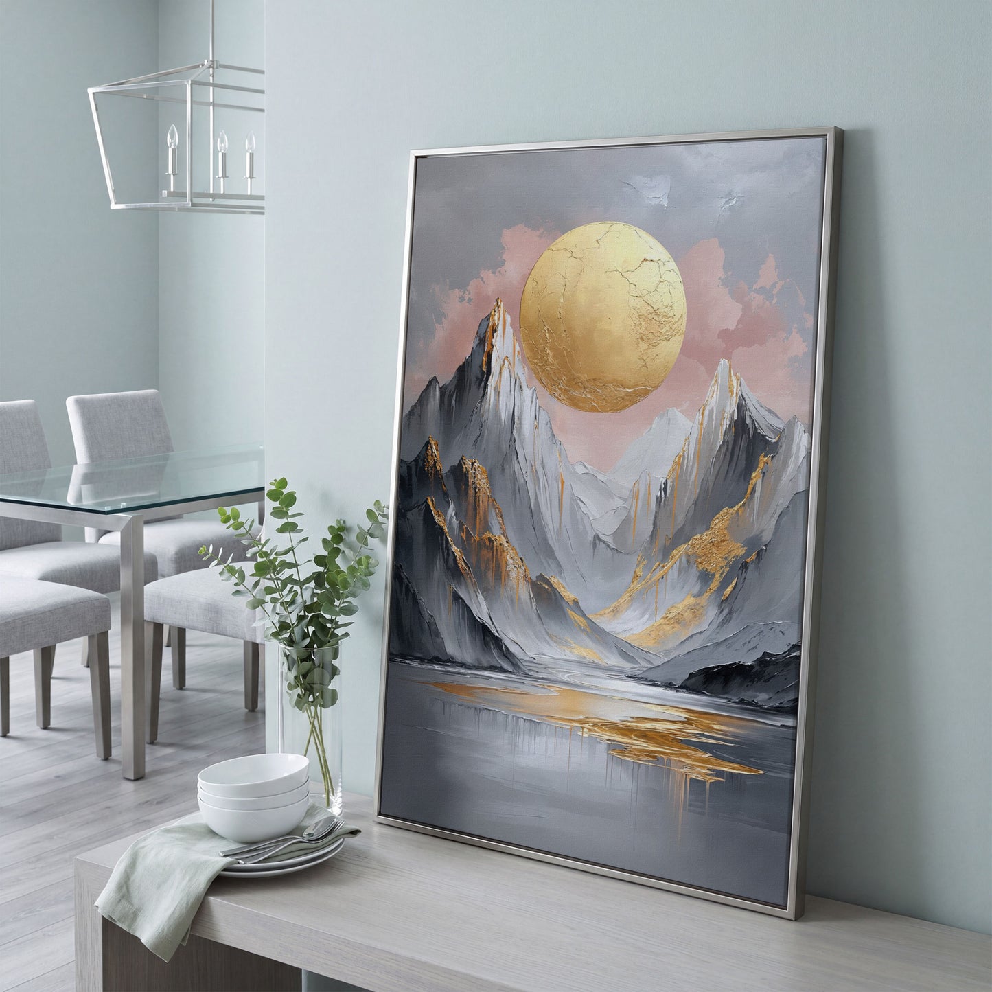 Golden Sun and Mountain Peaks Abstract Canvas in silver floating frame