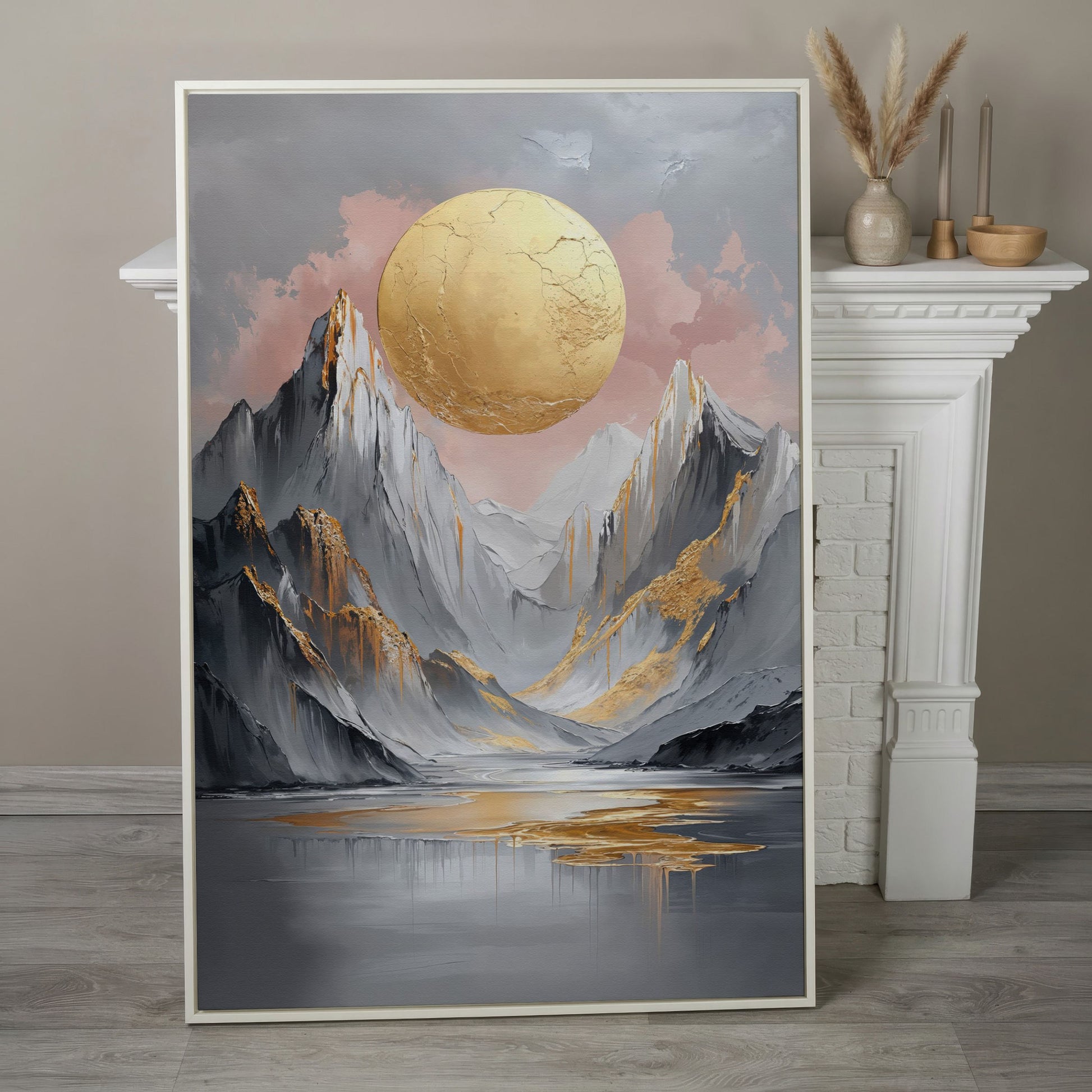 Golden Sun and Mountain Peaks Abstract Canvas in white floating frame