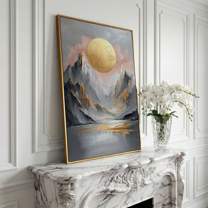 Golden Sun and Mountain Peaks Abstract Canvas in yellow gold floating frame