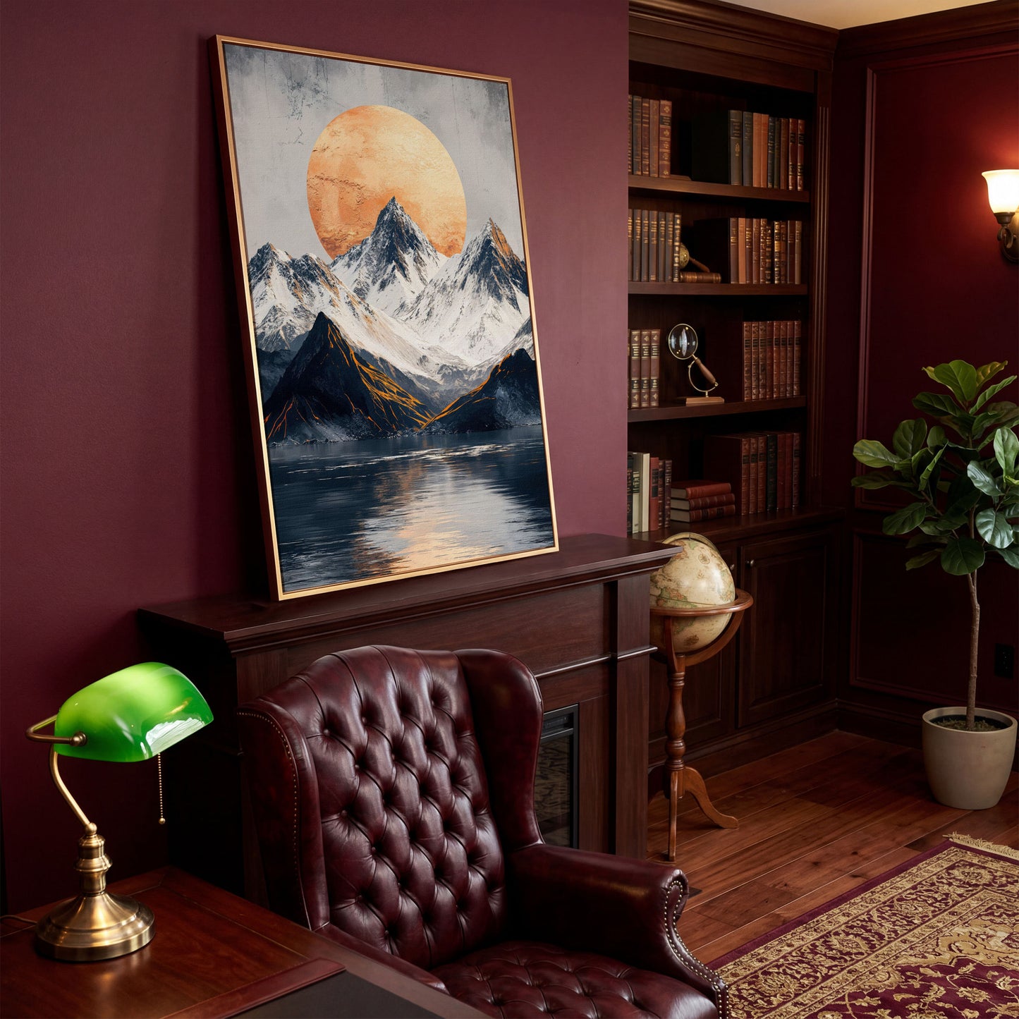 Surreal Mountain Lake Canvas with Orange Sun in antique gold floating frame