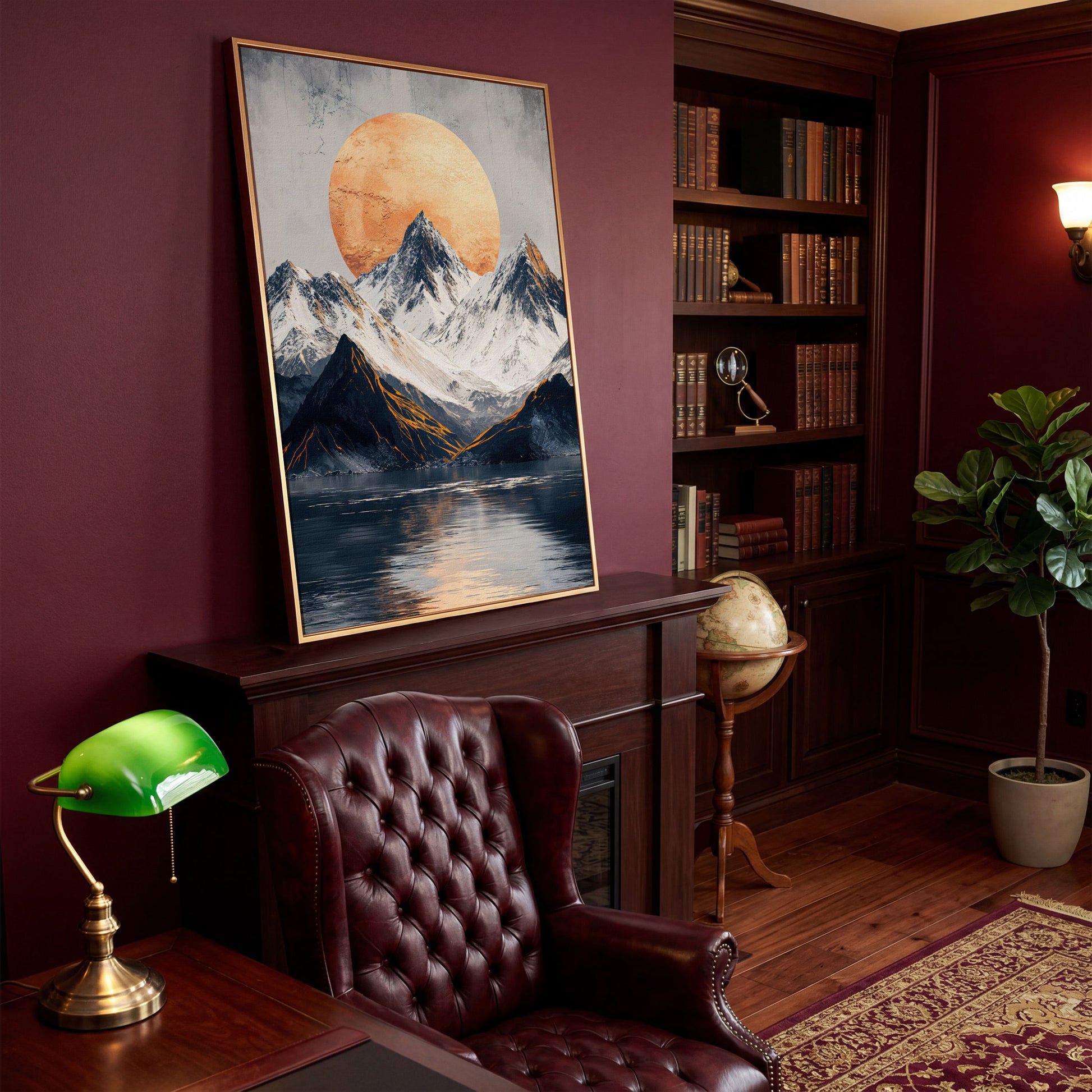 Surreal Mountain Lake Canvas with Orange Sun in antique gold floating frame