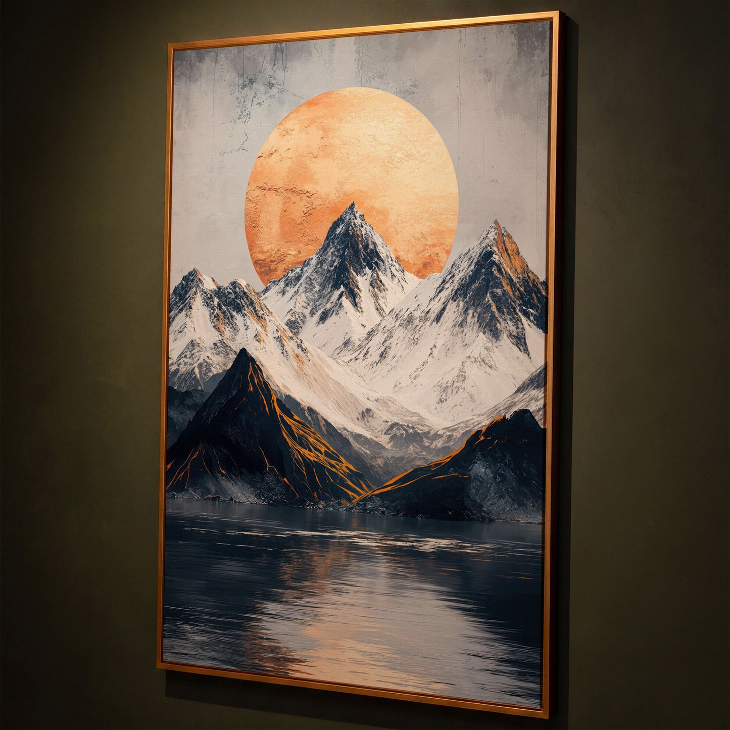 Surreal Mountain Lake Canvas with Orange Sun shown in antique gold floating frame