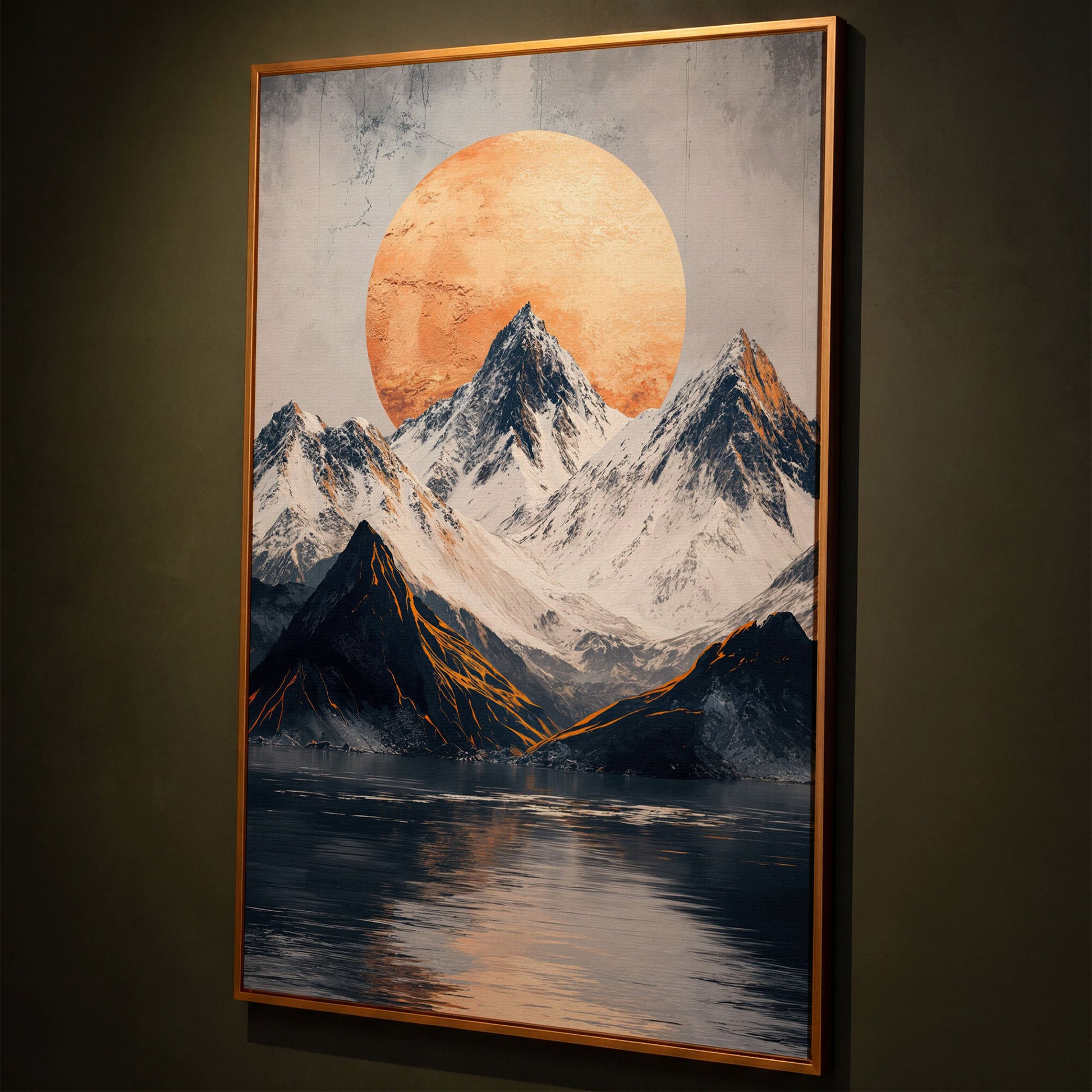 Surreal Mountain Lake Canvas with Orange Sun shown in antique gold floating frame