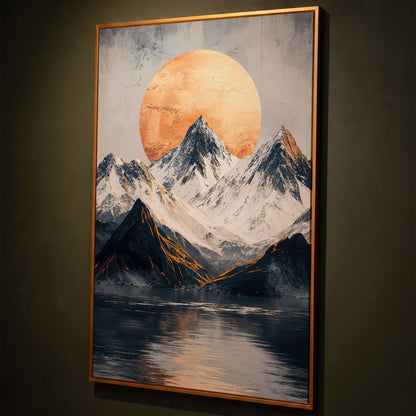 Surreal Mountain Lake Canvas with Orange Sun shown in antique gold floating frame