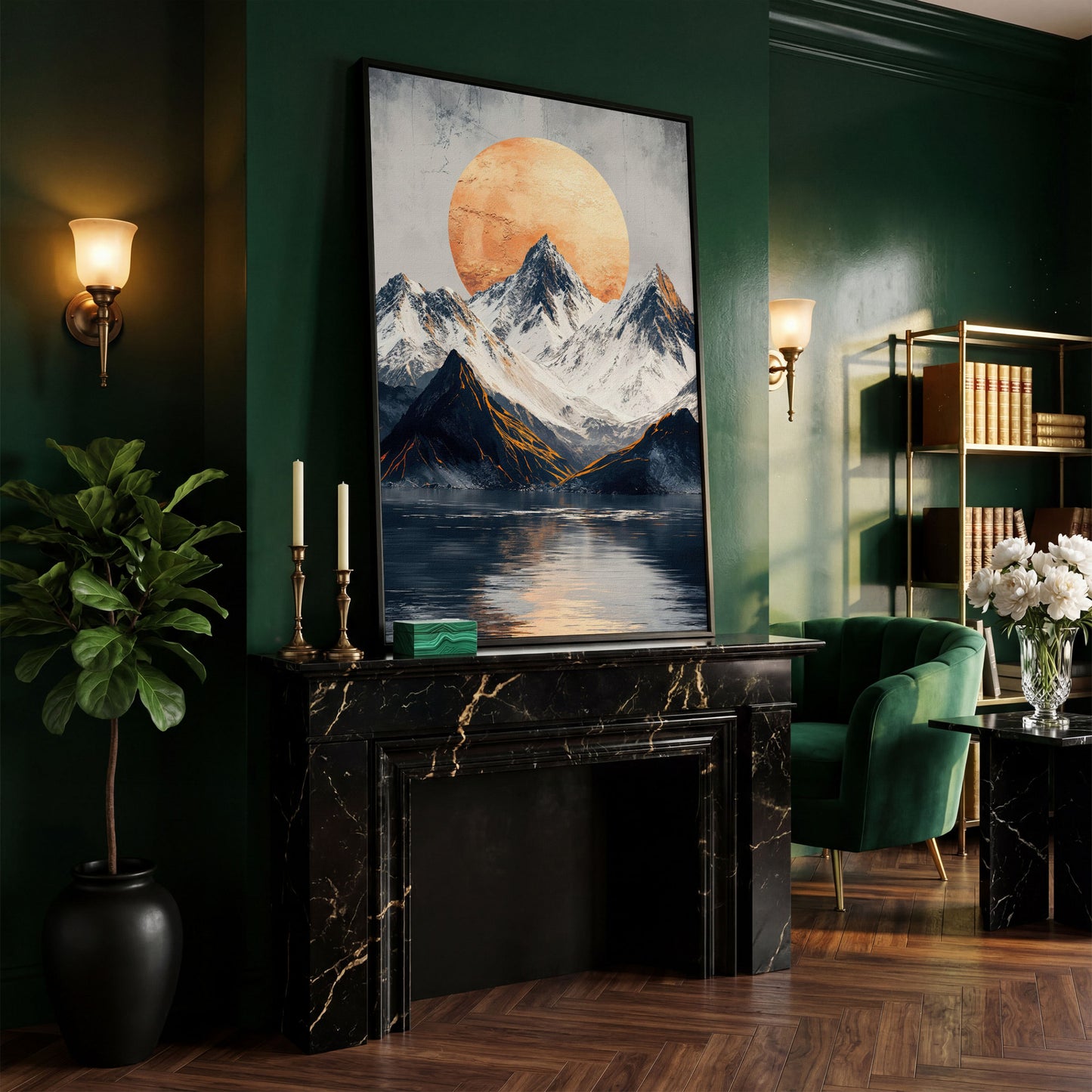 Surreal Mountain Lake Canvas with Orange Sun in black floating frame